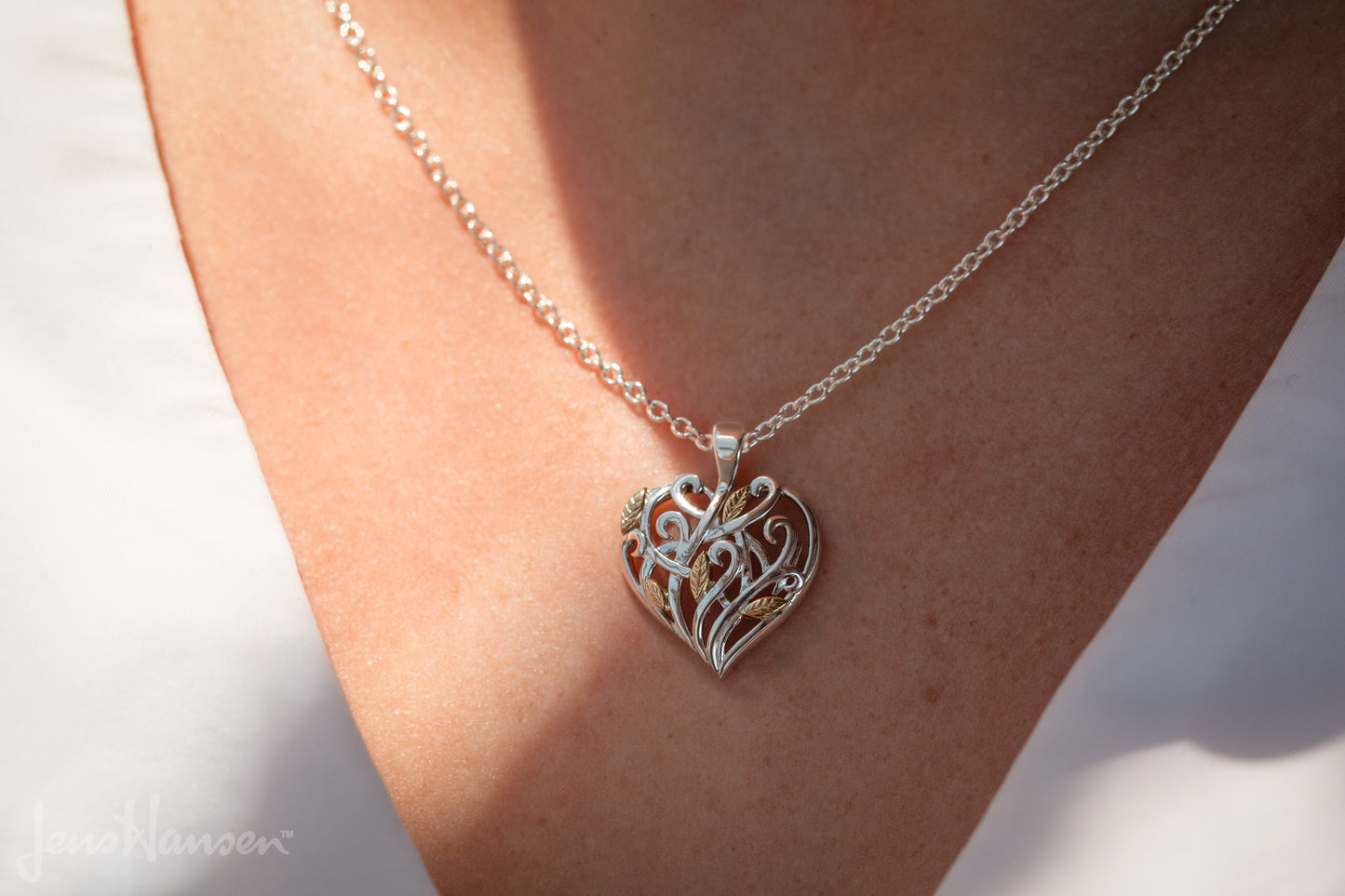 Elvish Heart Pendant, Sterling Silver with Yellow Gold Leaves