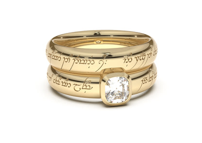 Cushion Modern Elvish Engagement Ring, Yellow Gold