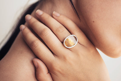 24ct Gold Leaf Round Resin Rings, Sterling Silver